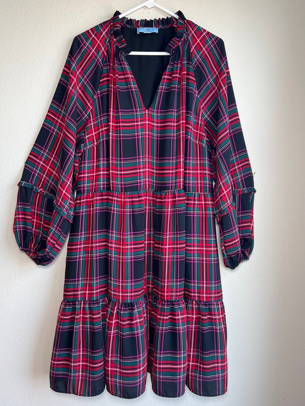 CeCe Womens 2X Red Green Plaid Ruffle Neck Tiered Babydoll Long Sleeve Dress